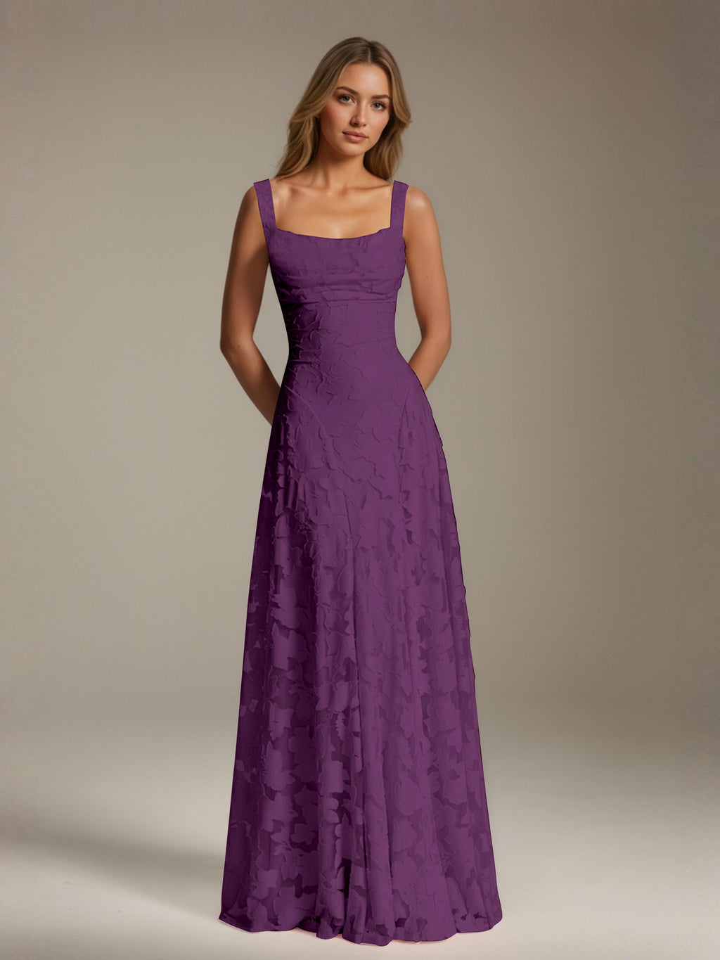Women's floral textured A-line maxi dress with square neckline and sleeveless straps