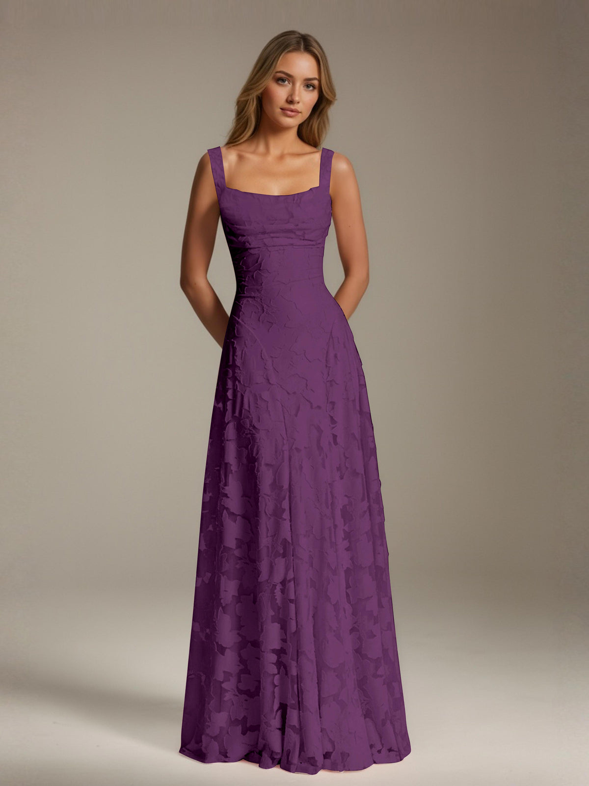 Women's floral textured A-line maxi dress with square neckline and sleeveless straps