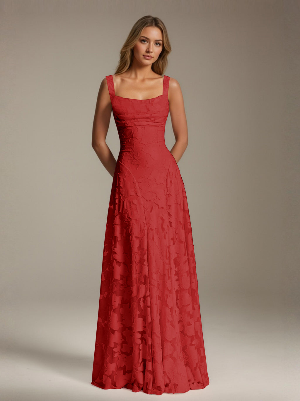 Women's floral textured A-line maxi dress with square neckline and sleeveless straps