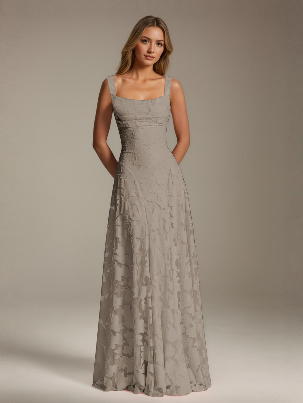 Women's floral textured A-line maxi dress with square neckline and sleeveless straps