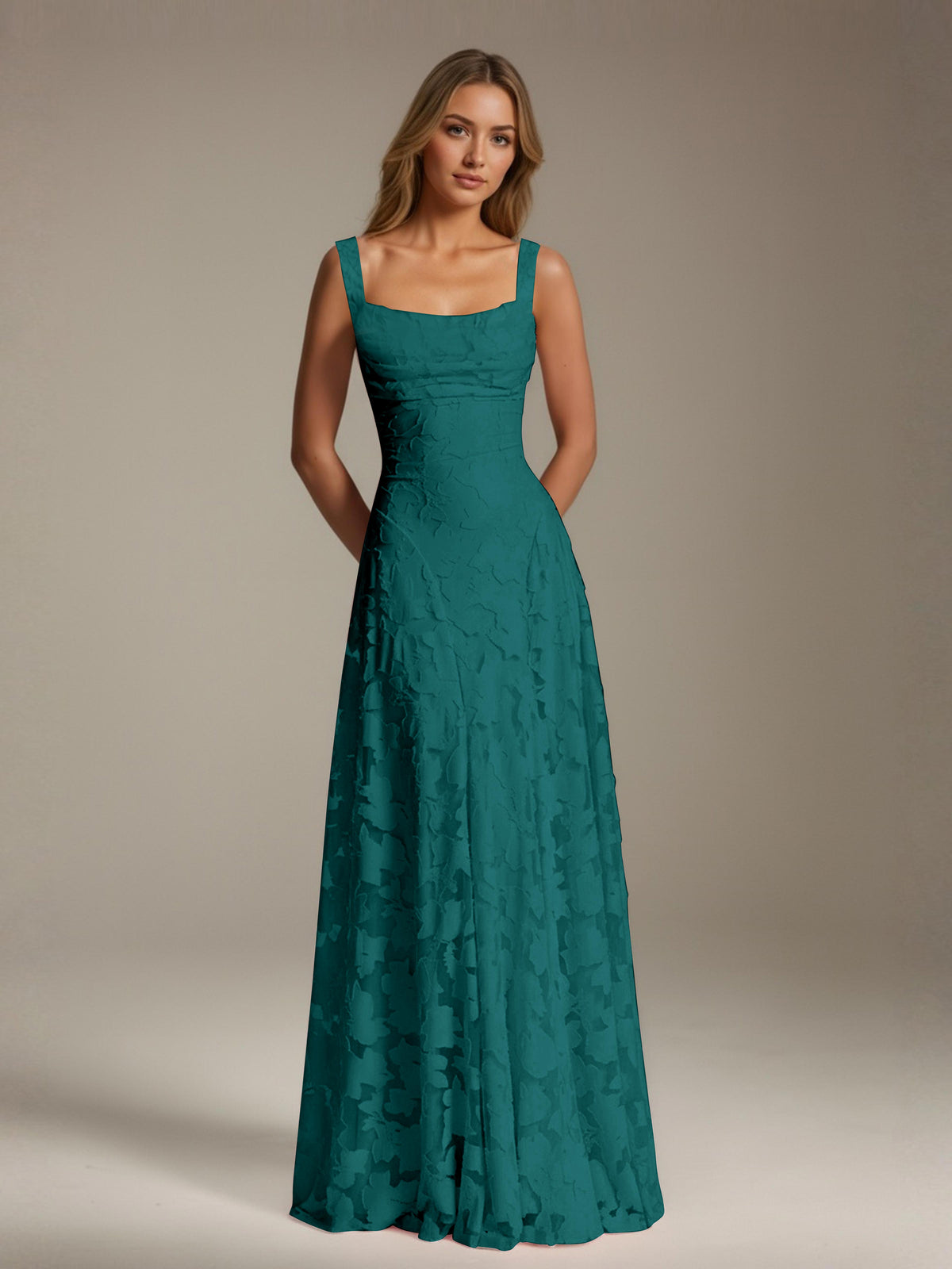 Women's floral textured A-line maxi dress with square neckline and sleeveless straps