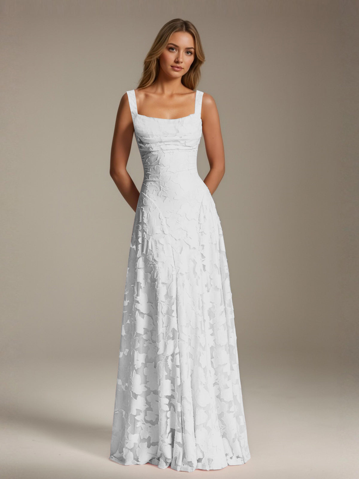 Women's floral textured A-line maxi dress with square neckline and sleeveless straps
