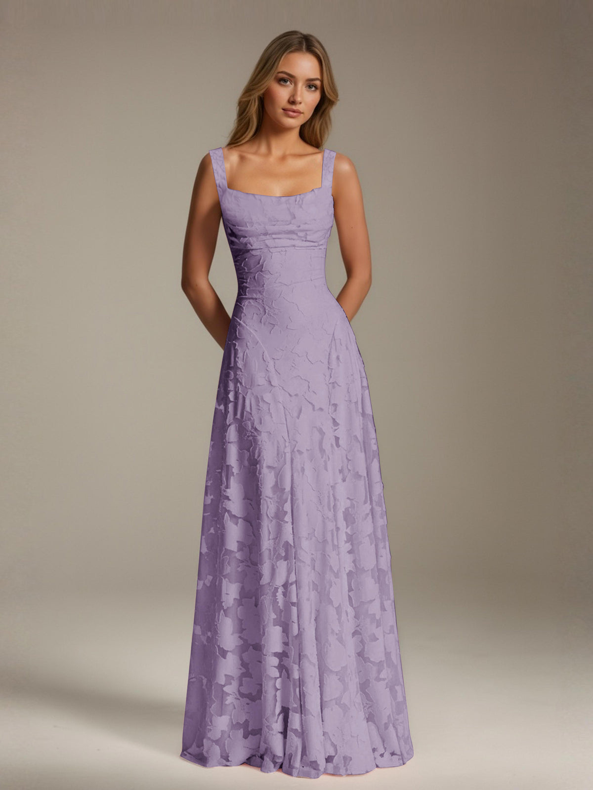 Women's floral textured A-line maxi dress with square neckline and sleeveless straps