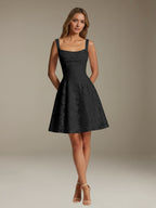 Women's sleeveless floral A-line mini dress with a square neckline
