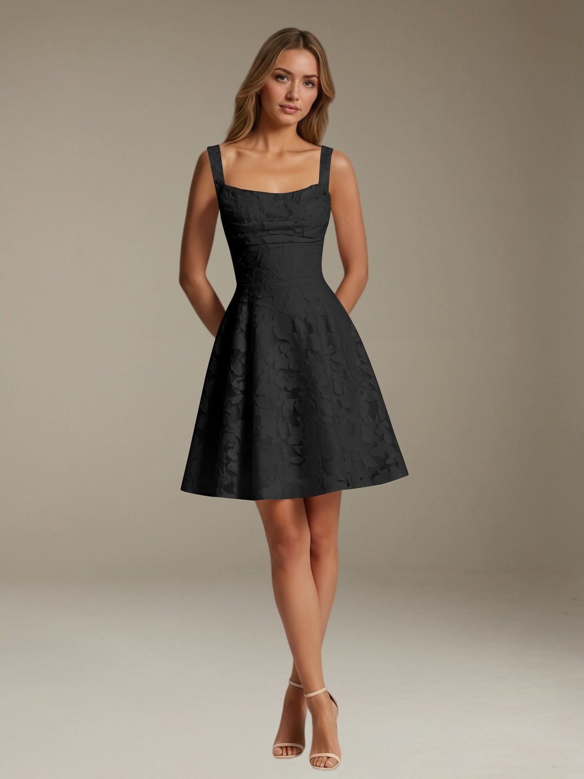 Women's sleeveless floral A-line mini dress with a square neckline