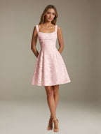 Women's sleeveless floral A-line mini dress with a square neckline