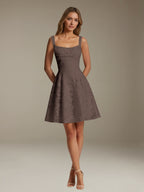 Women's sleeveless floral A-line mini dress with a square neckline