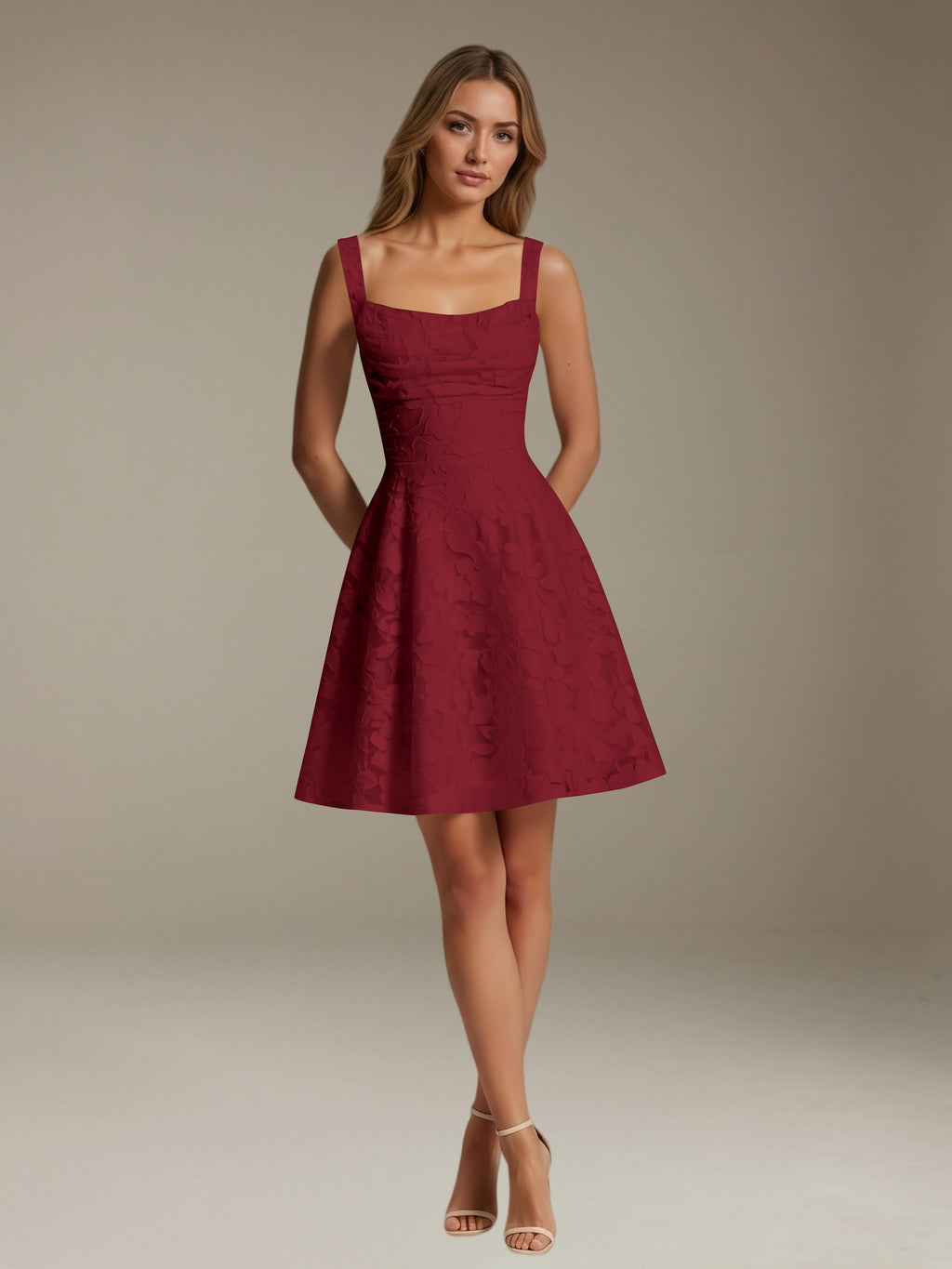 Women's sleeveless floral A-line mini dress with a square neckline