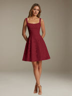Women's sleeveless floral A-line mini dress with a square neckline