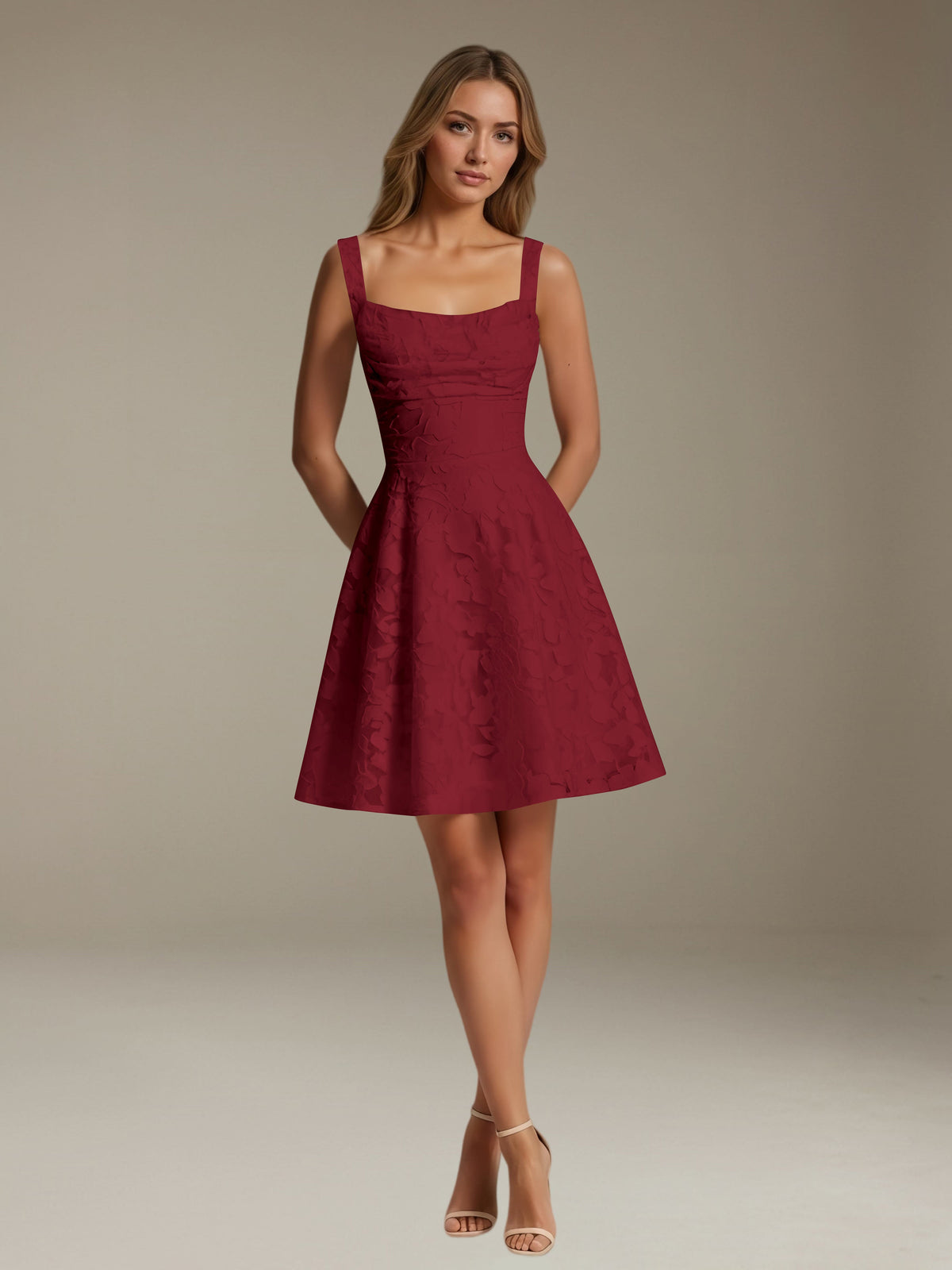Women's sleeveless floral A-line mini dress with a square neckline