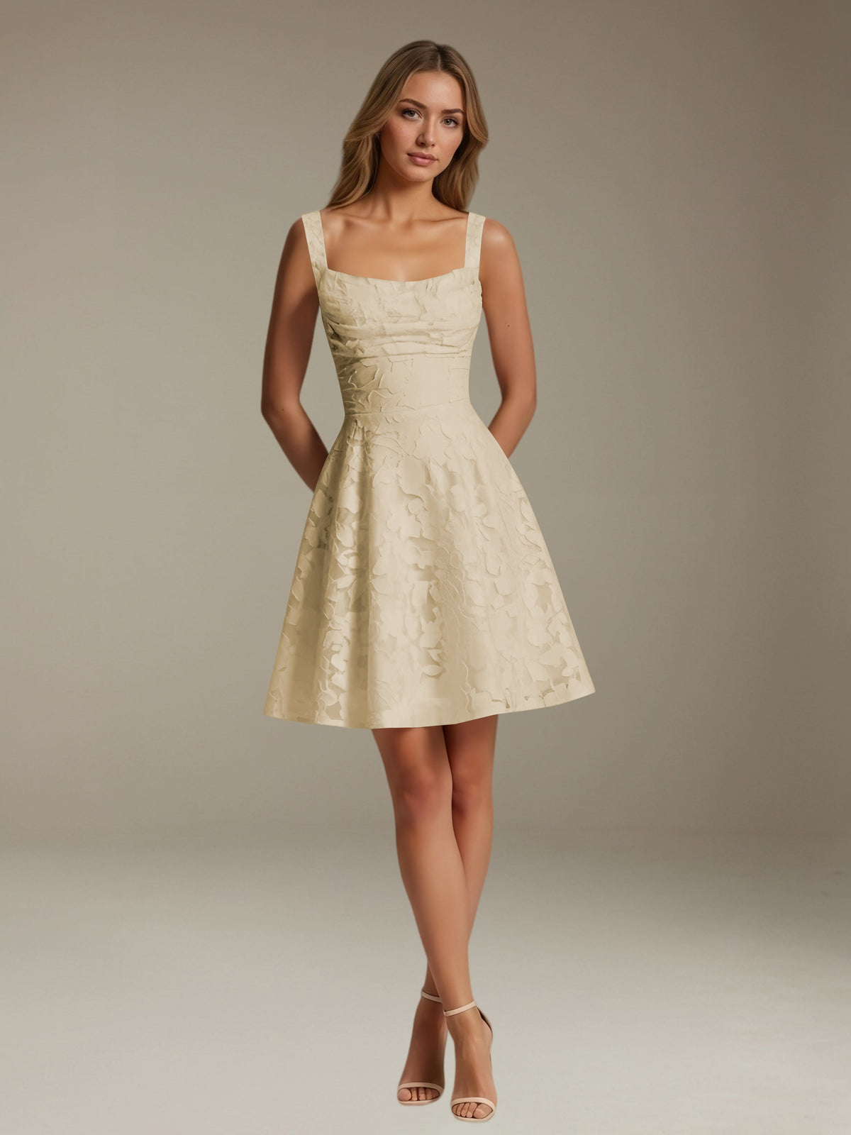 Women's sleeveless floral A-line mini dress with a square neckline