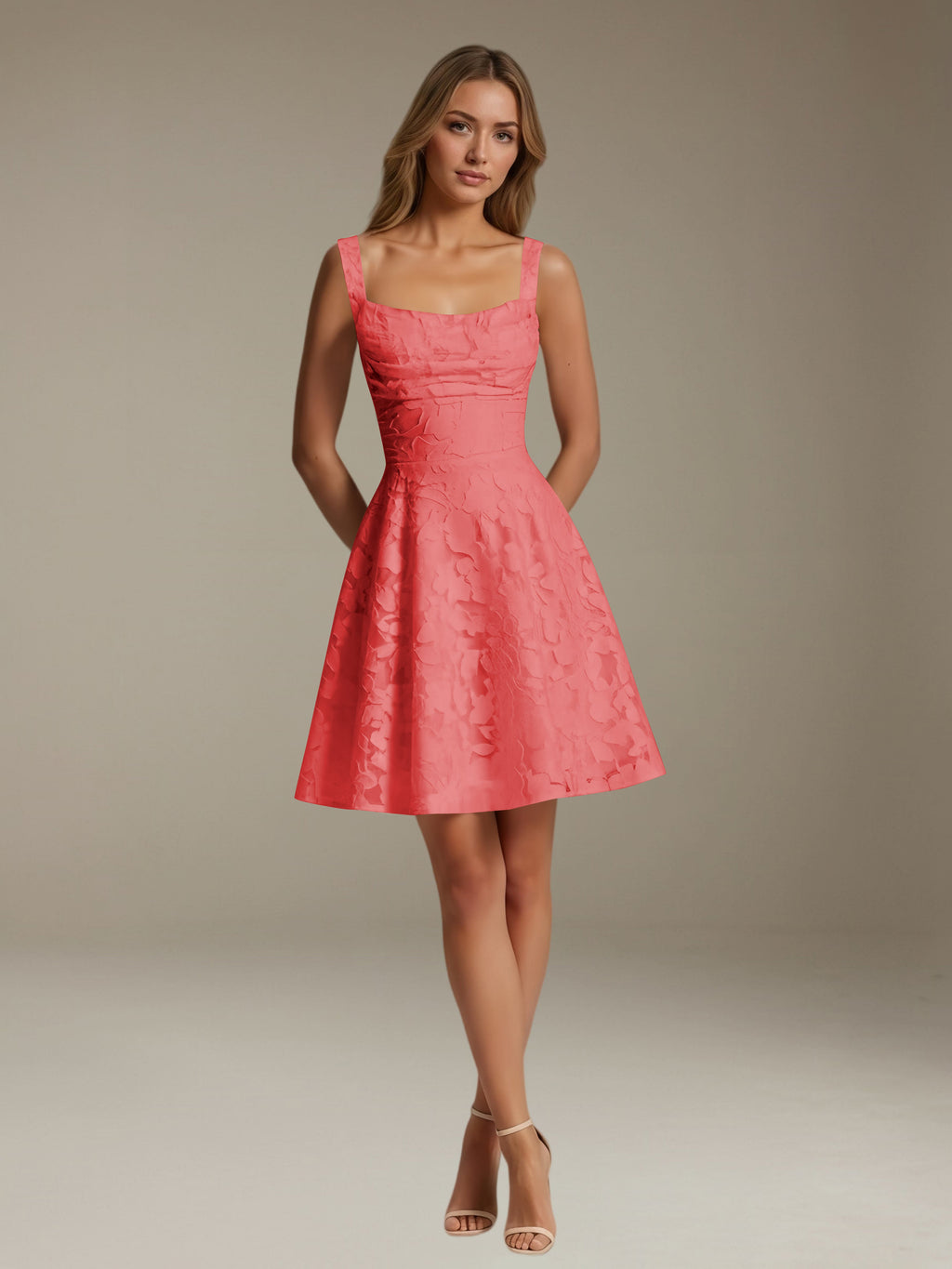 Women's sleeveless floral A-line mini dress with a square neckline
