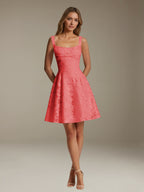 Women's sleeveless floral A-line mini dress with a square neckline