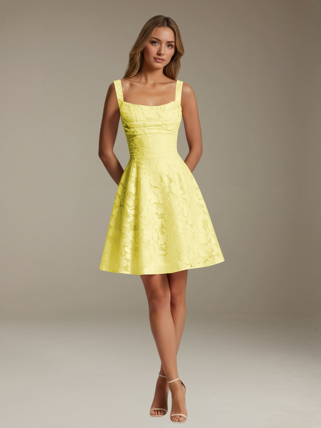 Women's sleeveless floral A-line mini dress with a square neckline