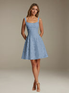 Women's sleeveless floral A-line mini dress with a square neckline