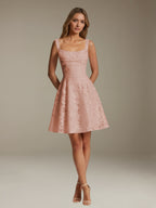 Women's sleeveless floral A-line mini dress with a square neckline
