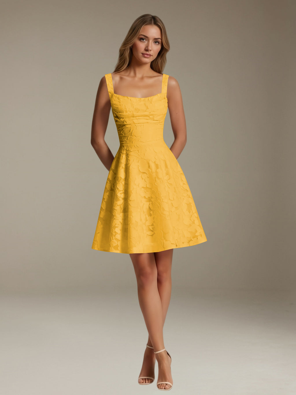 Women's sleeveless floral A-line mini dress with a square neckline
