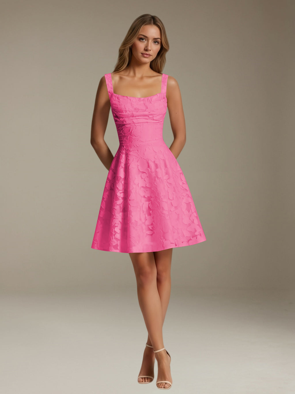 Women's sleeveless floral A-line mini dress with a square neckline