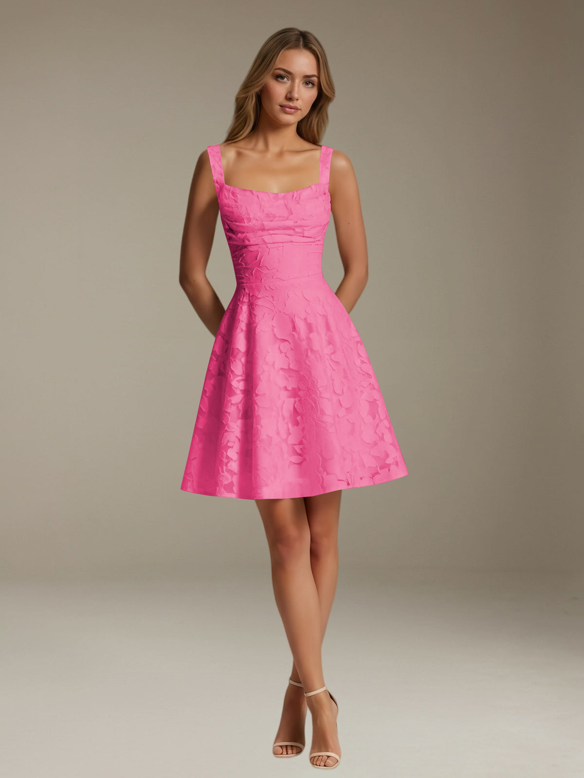 Women's sleeveless floral A-line mini dress with a square neckline