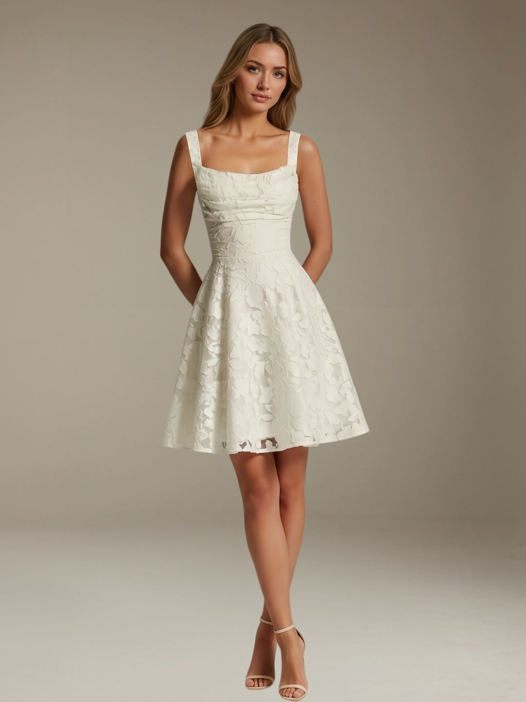 Women's sleeveless floral A-line mini dress with a square neckline