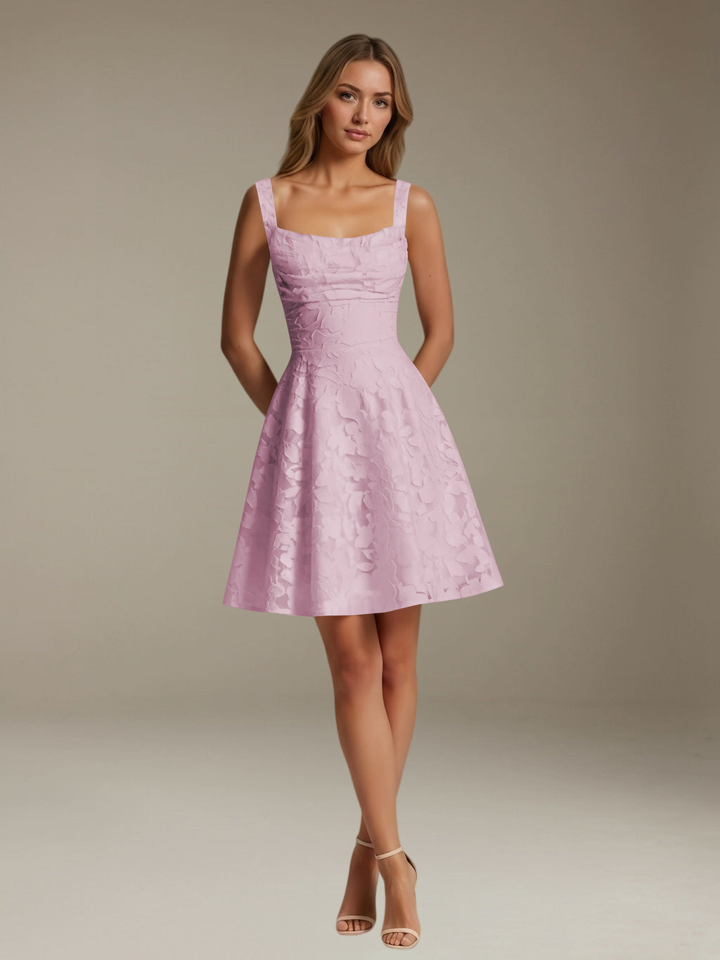 Women's sleeveless floral A-line mini dress with a square neckline