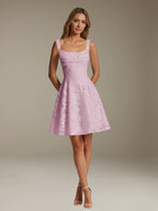 Women's sleeveless floral A-line mini dress with a square neckline