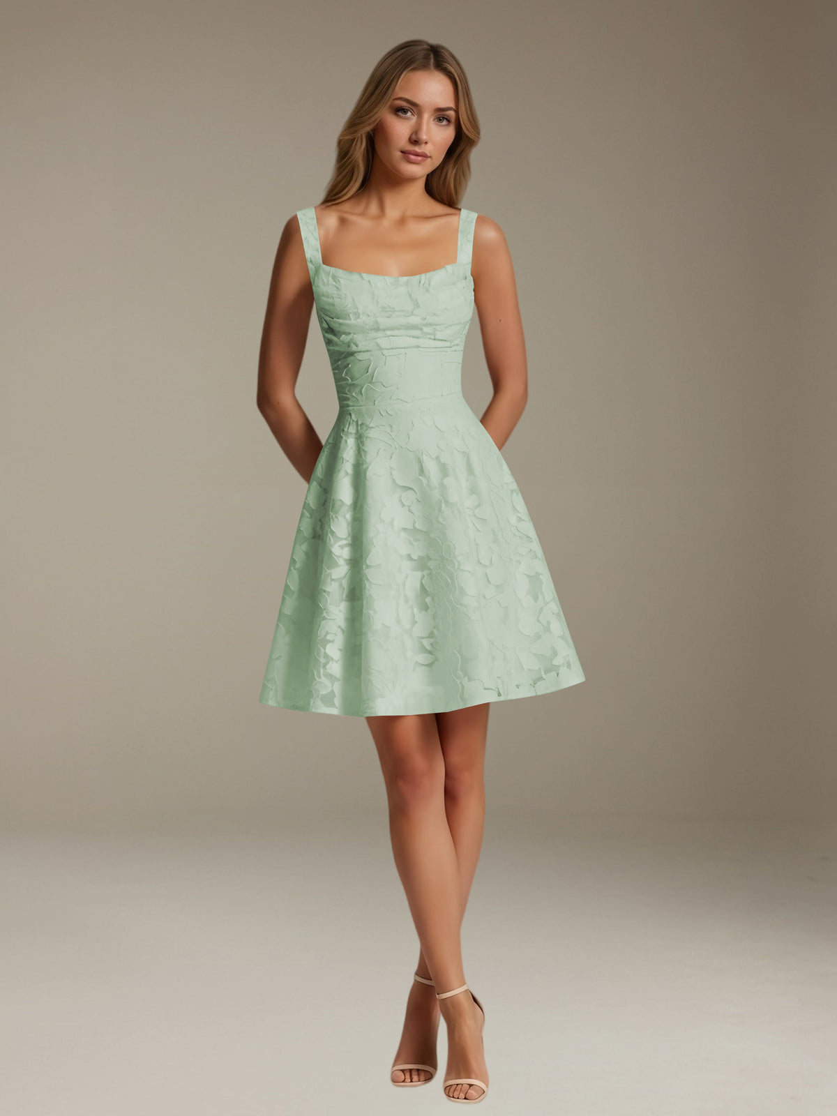 Women's sleeveless floral A-line mini dress with a square neckline
