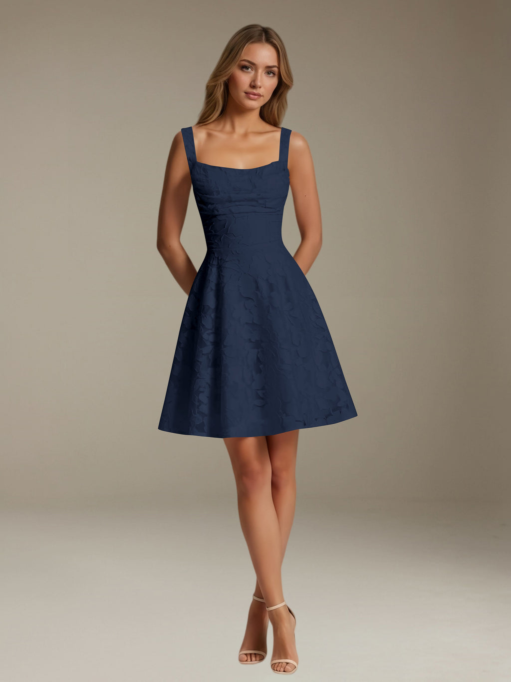 Women's sleeveless floral A-line mini dress with a square neckline