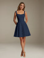 Women's sleeveless floral A-line mini dress with a square neckline