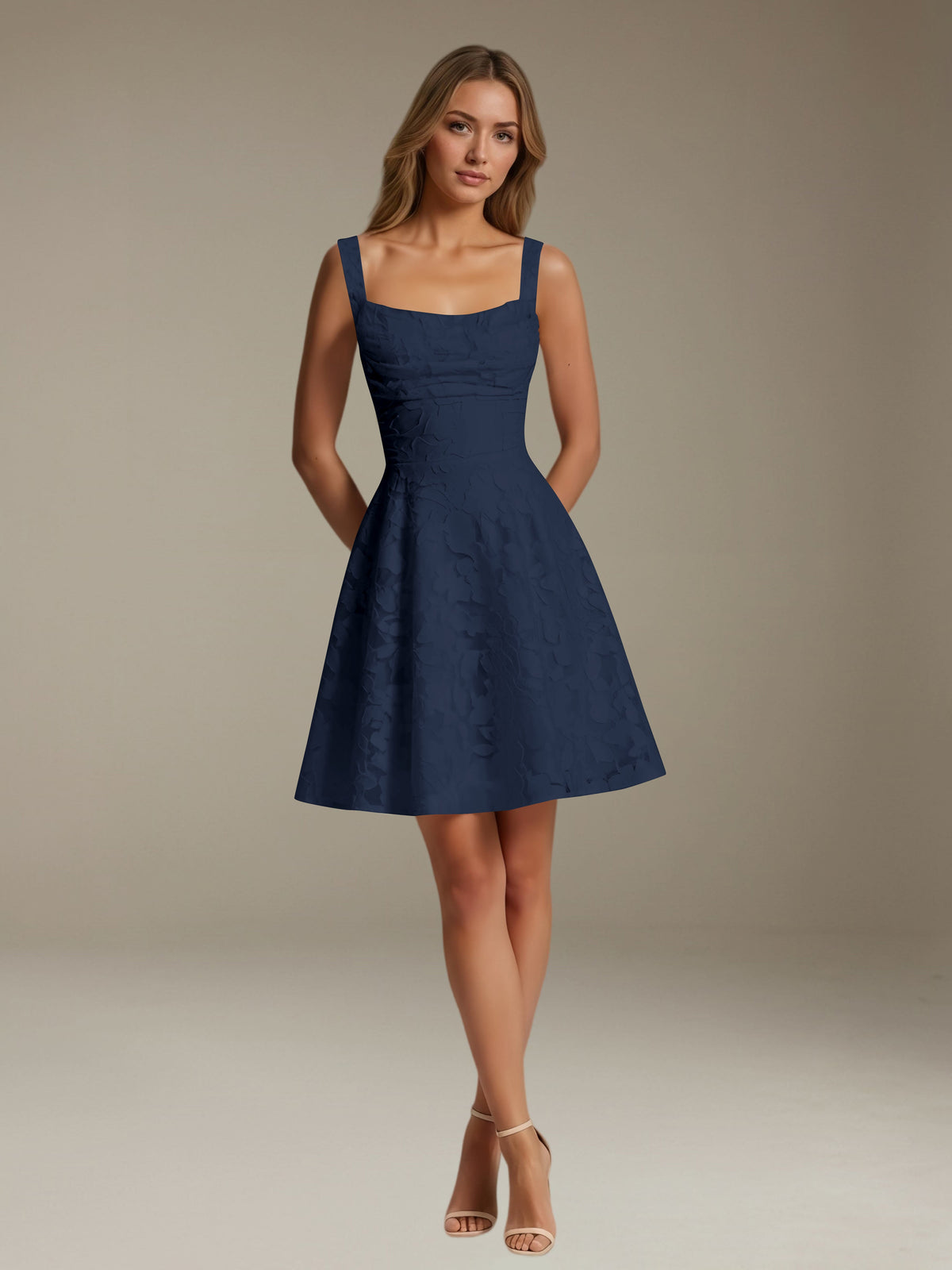 Women's sleeveless floral A-line mini dress with a square neckline