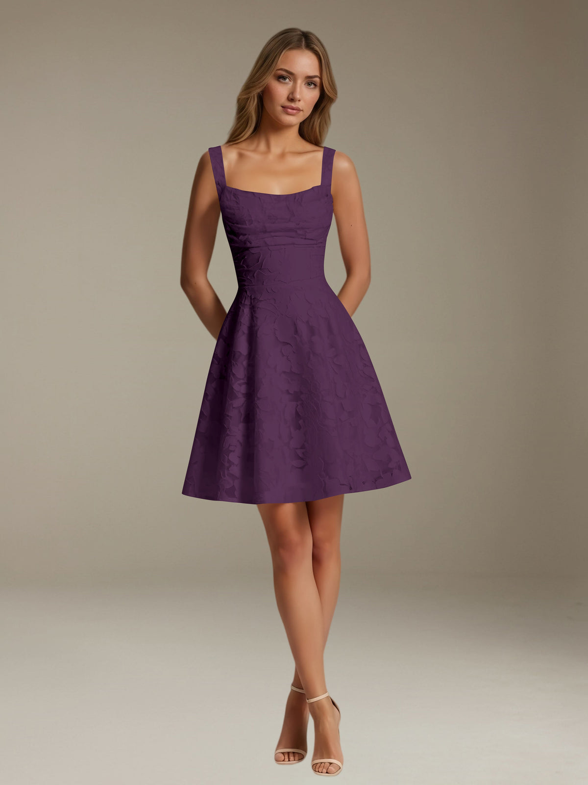 Women's sleeveless floral A-line mini dress with a square neckline
