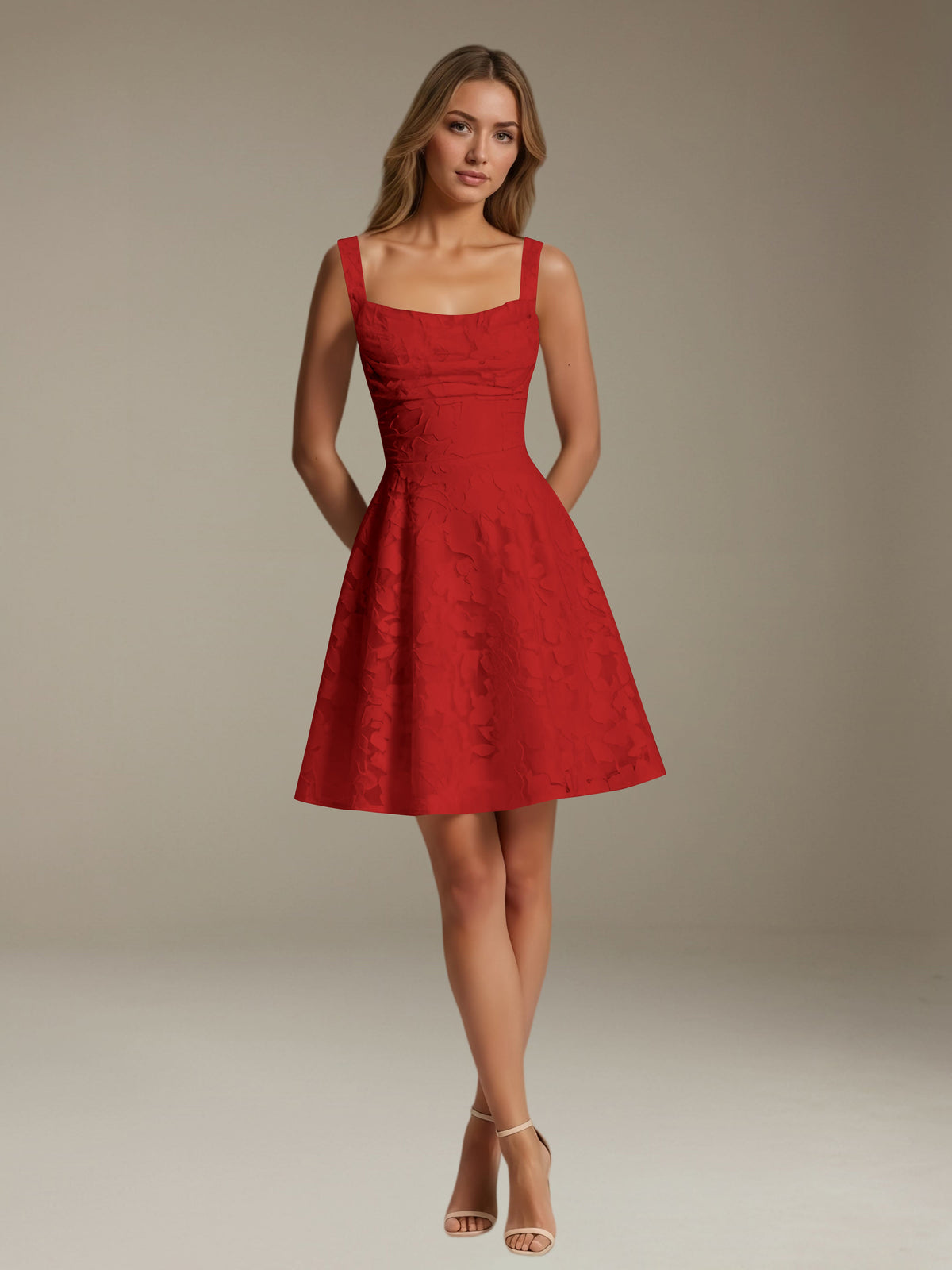 Women's sleeveless floral A-line mini dress with a square neckline
