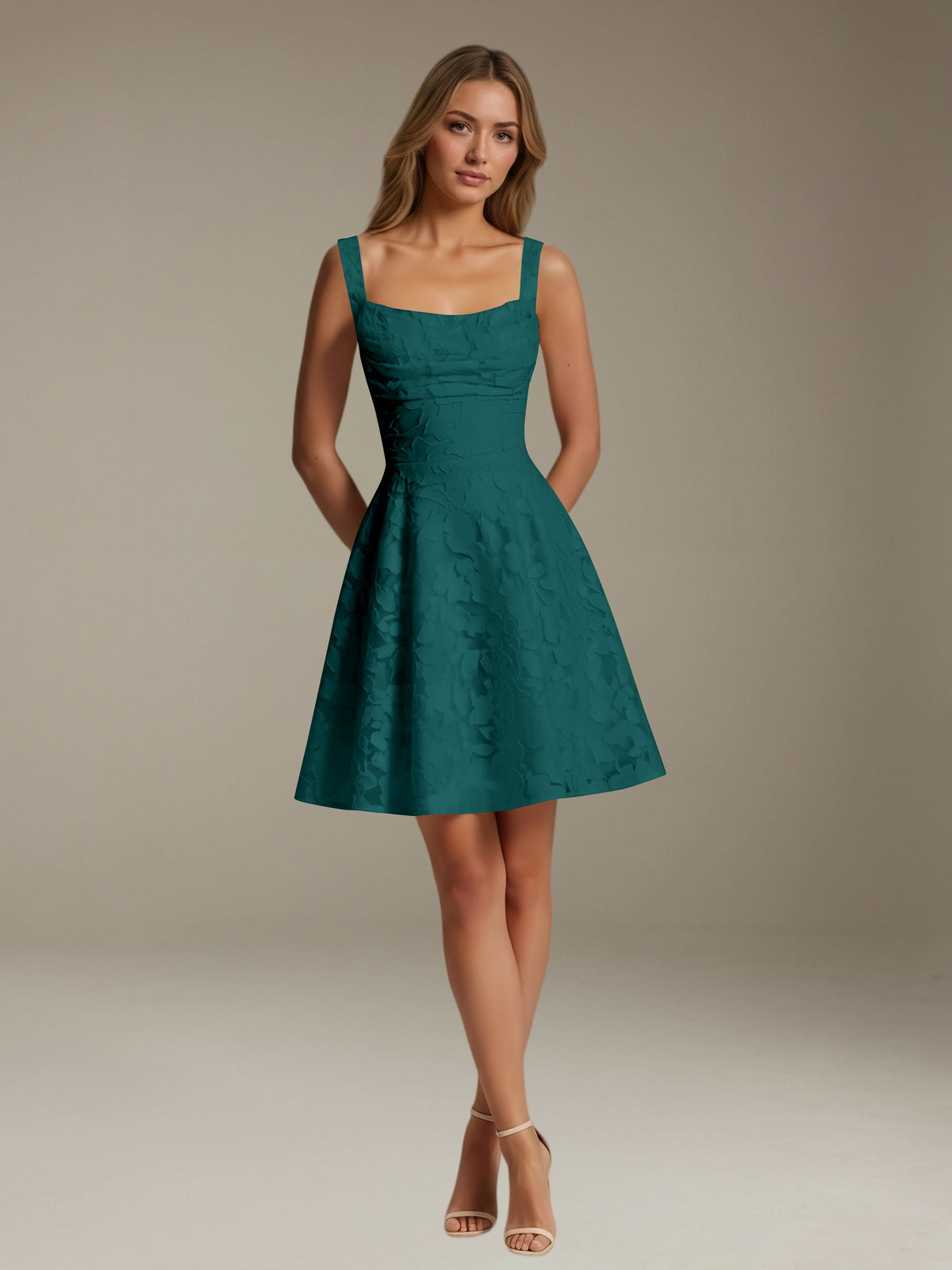 Women's sleeveless floral A-line mini dress with a square neckline