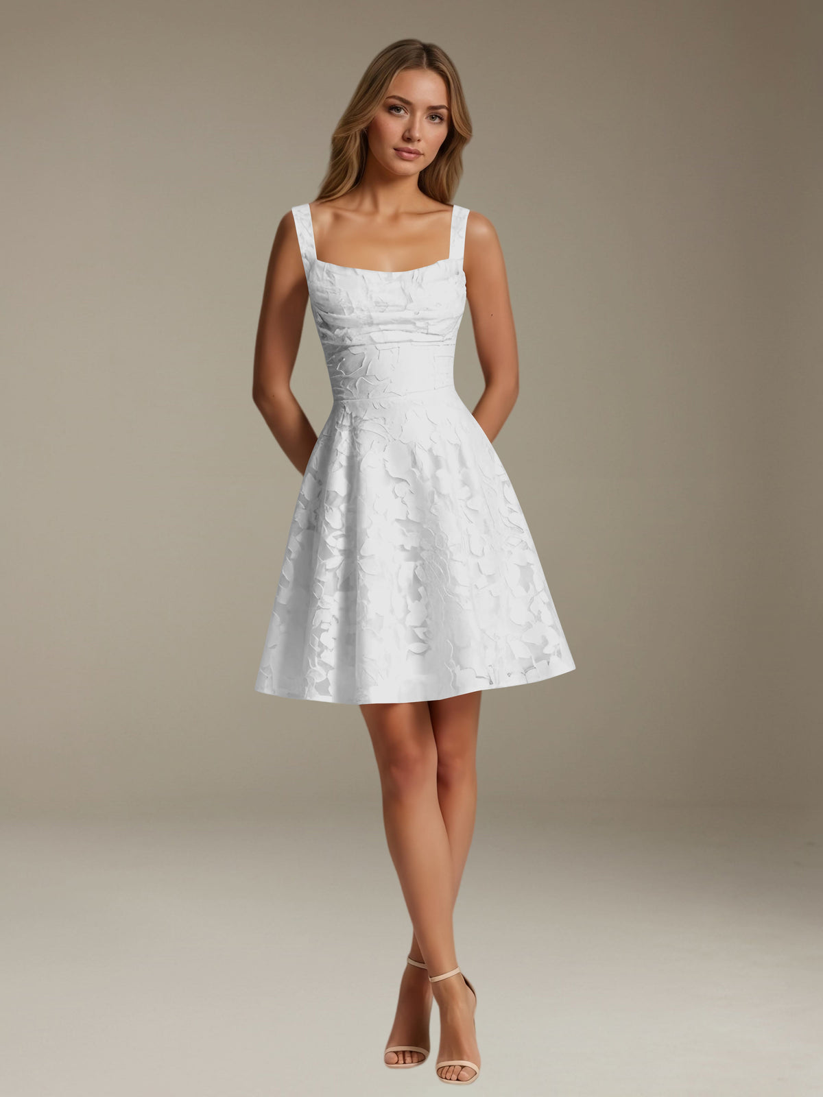 Women's sleeveless floral A-line mini dress with a square neckline