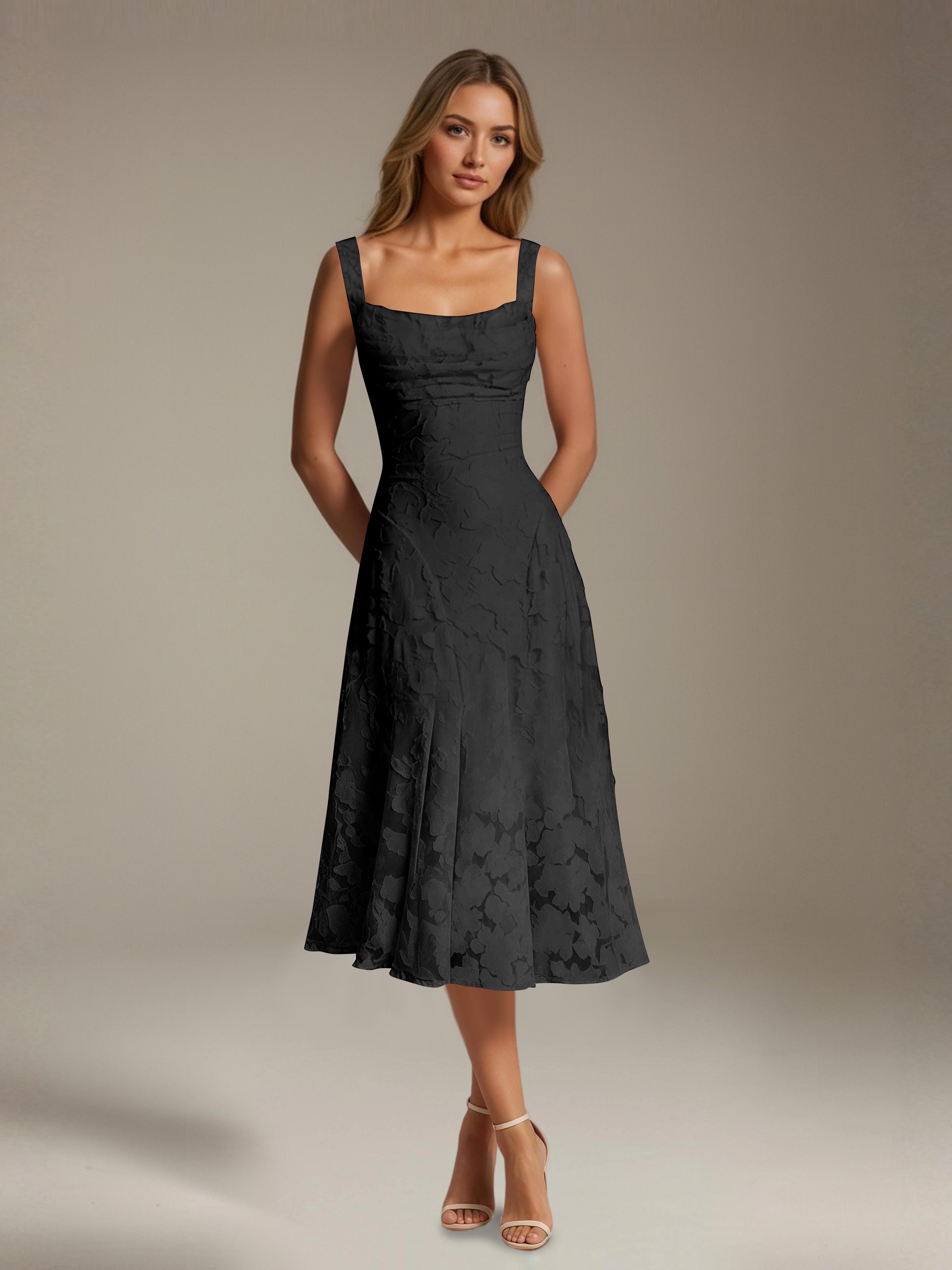 Women's floral lace square neck tea-length formal dress