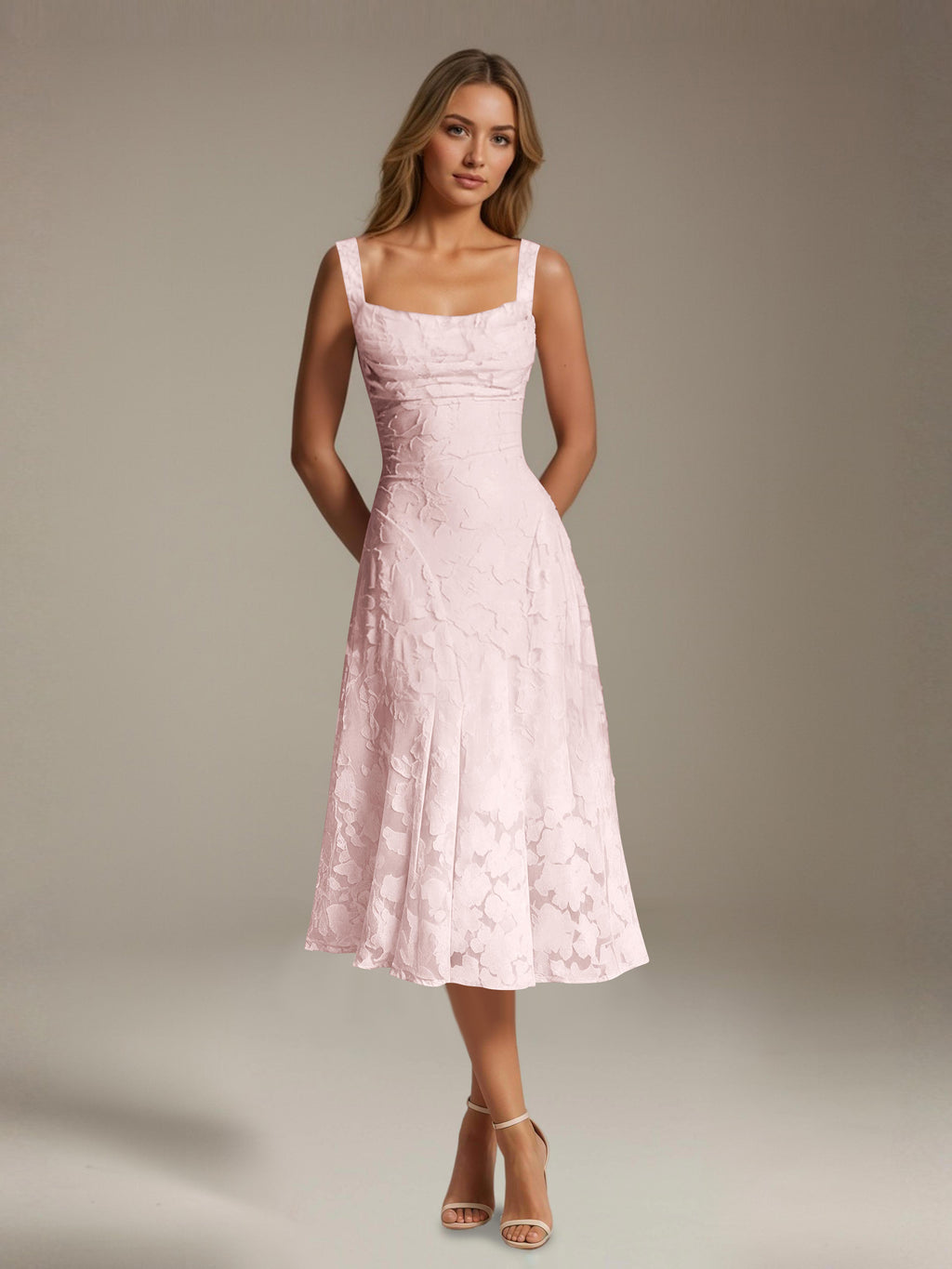 Women's floral lace square neck tea-length formal dress