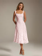 Women's floral lace square neck tea-length formal dress