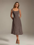 Women's floral lace square neck tea-length formal dress