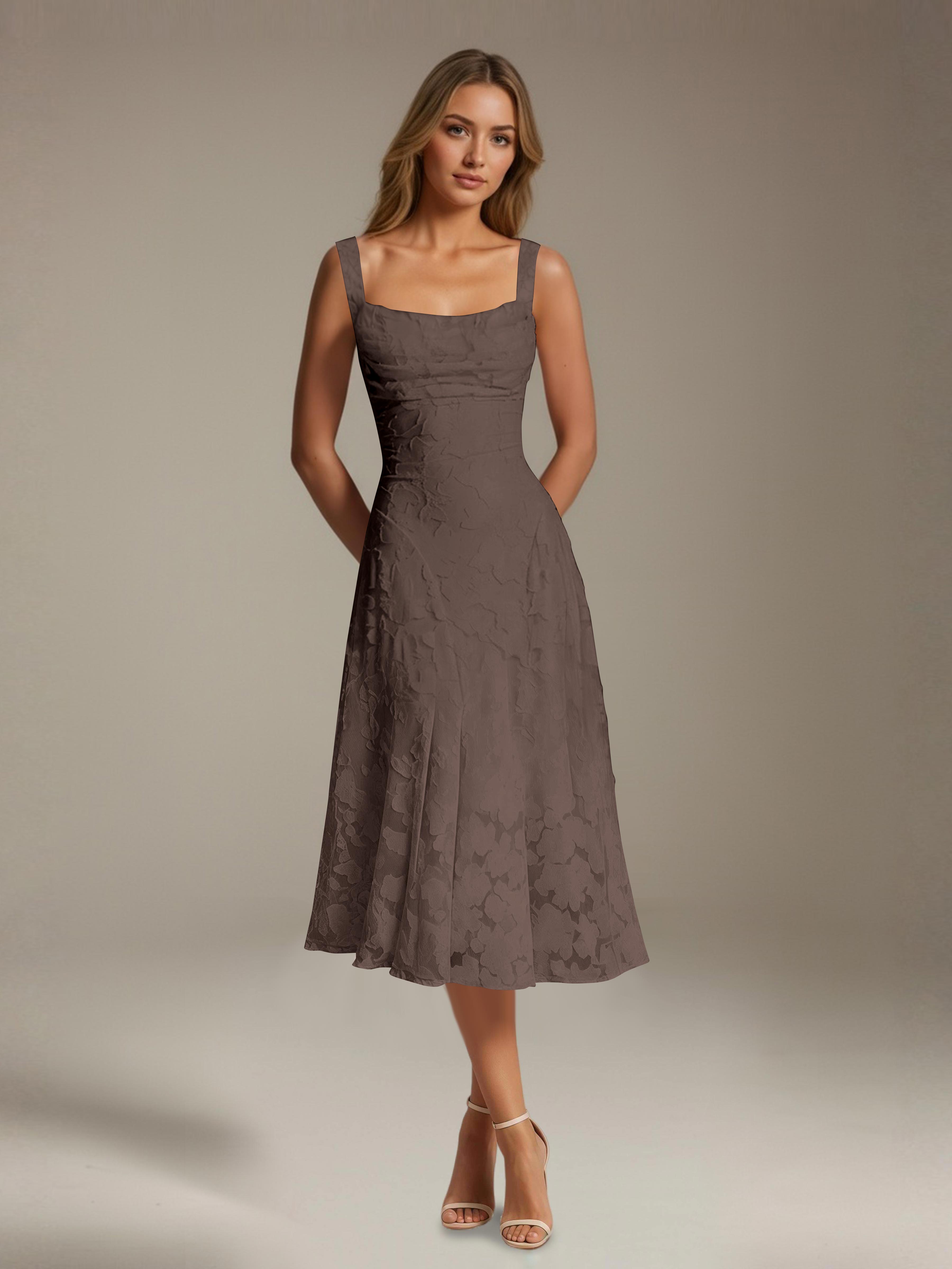 Women's floral lace square neck tea-length formal dress