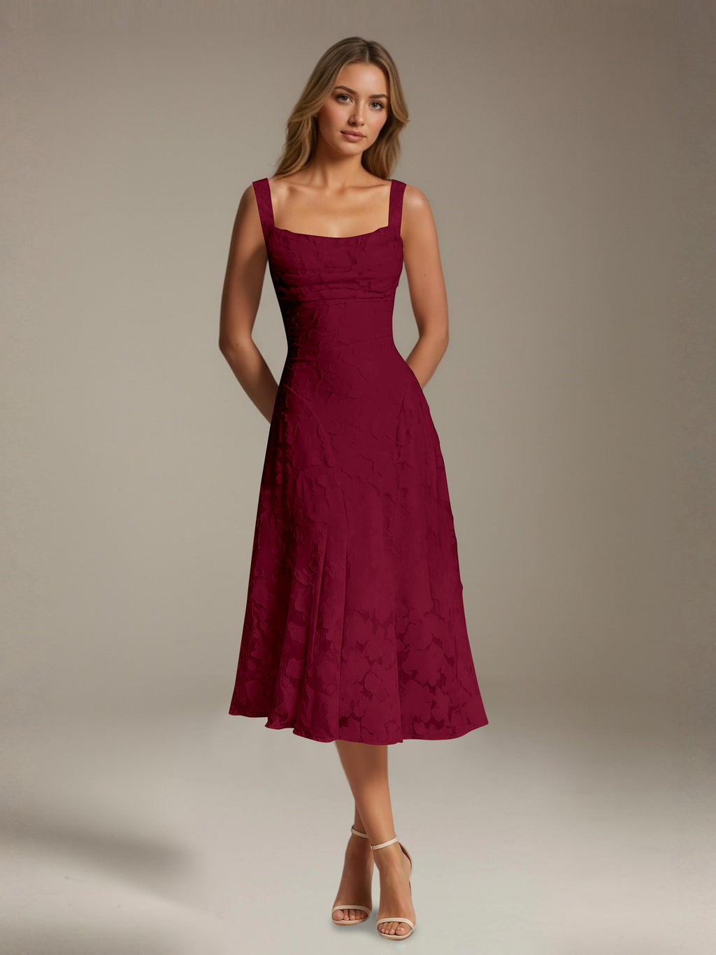 Women's floral lace square neck tea-length formal dress