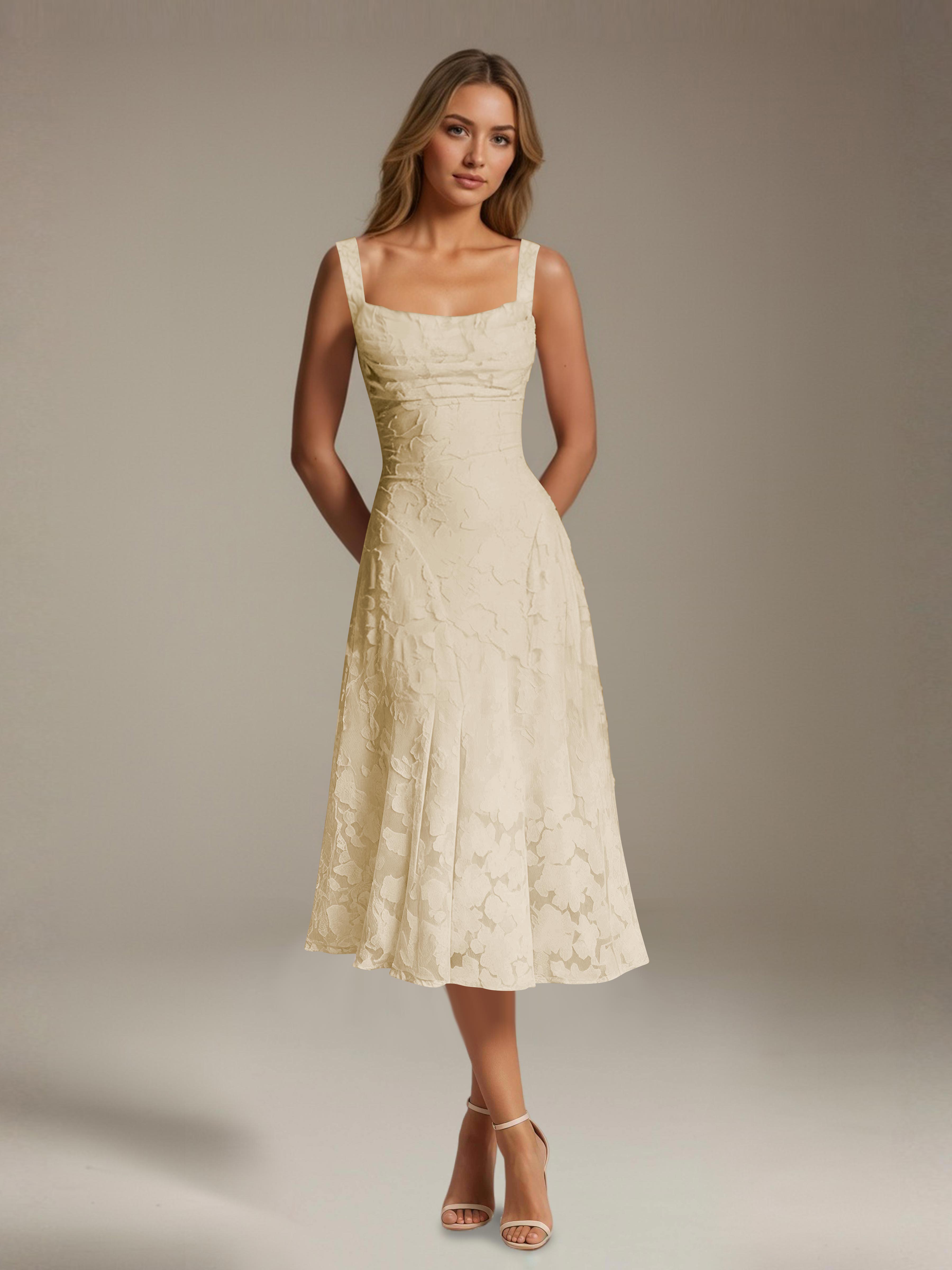 Women's floral lace square neck tea-length formal dress