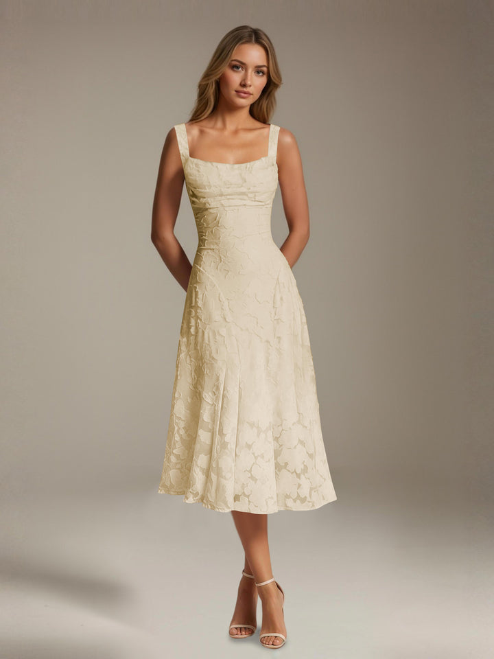 Women's floral lace square neck tea-length formal dress