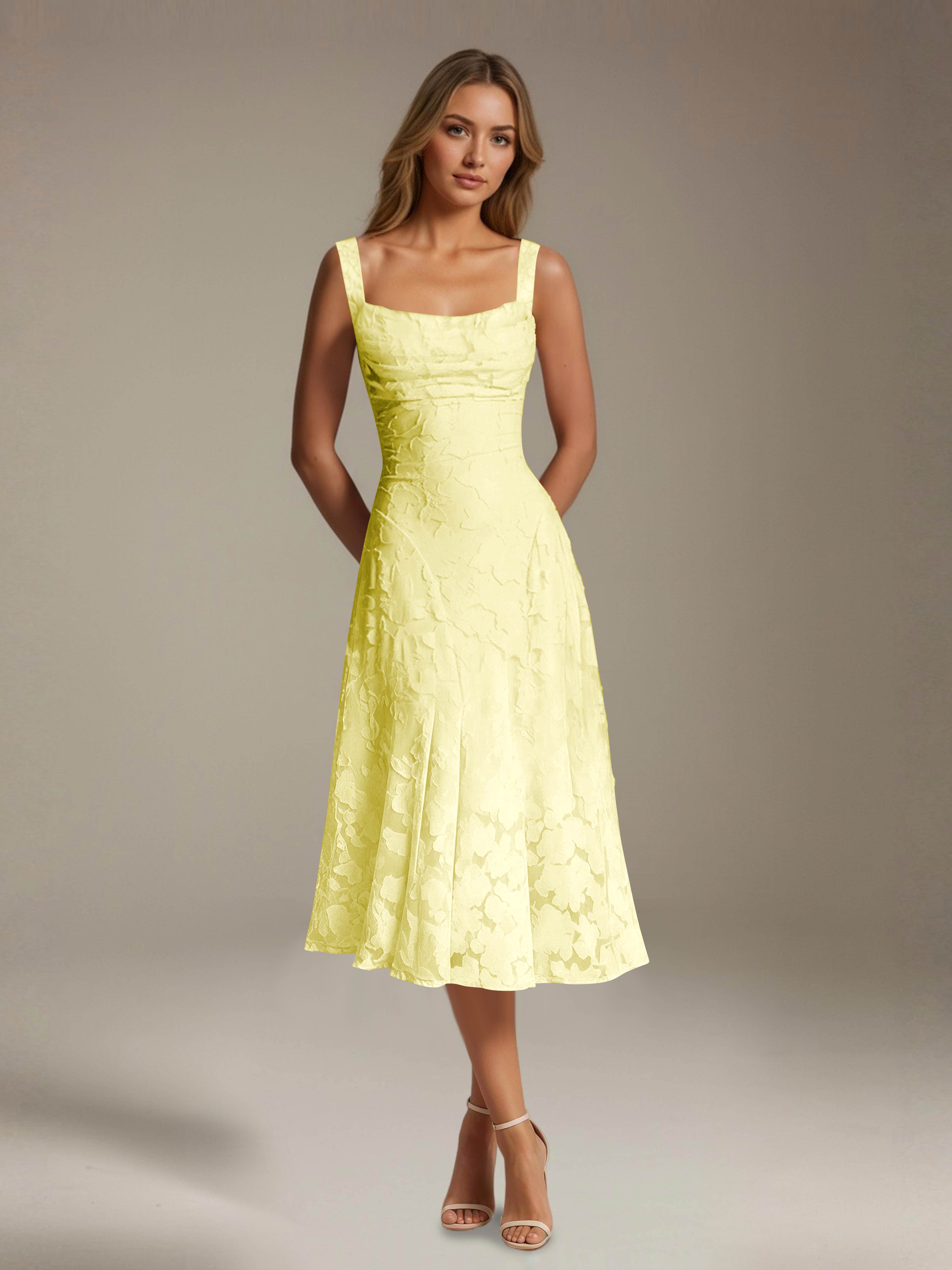 Women's floral lace square neck tea-length formal dress