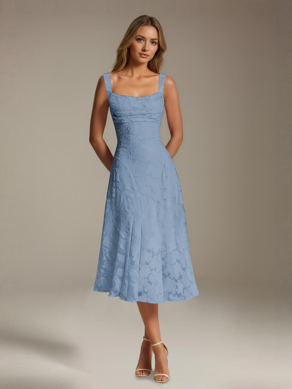 Women's floral lace square neck tea-length formal dress