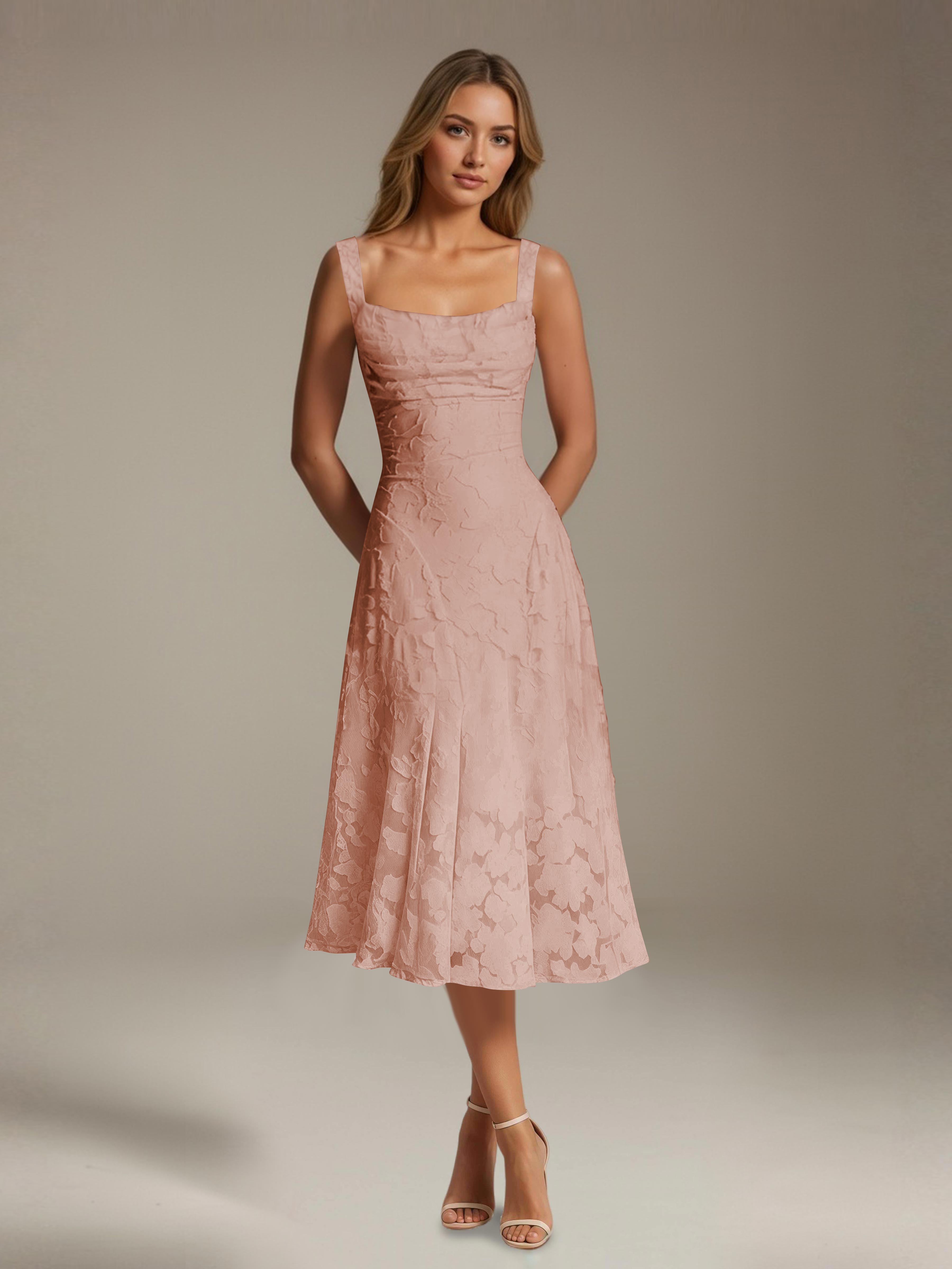 Women's floral lace square neck tea-length formal dress