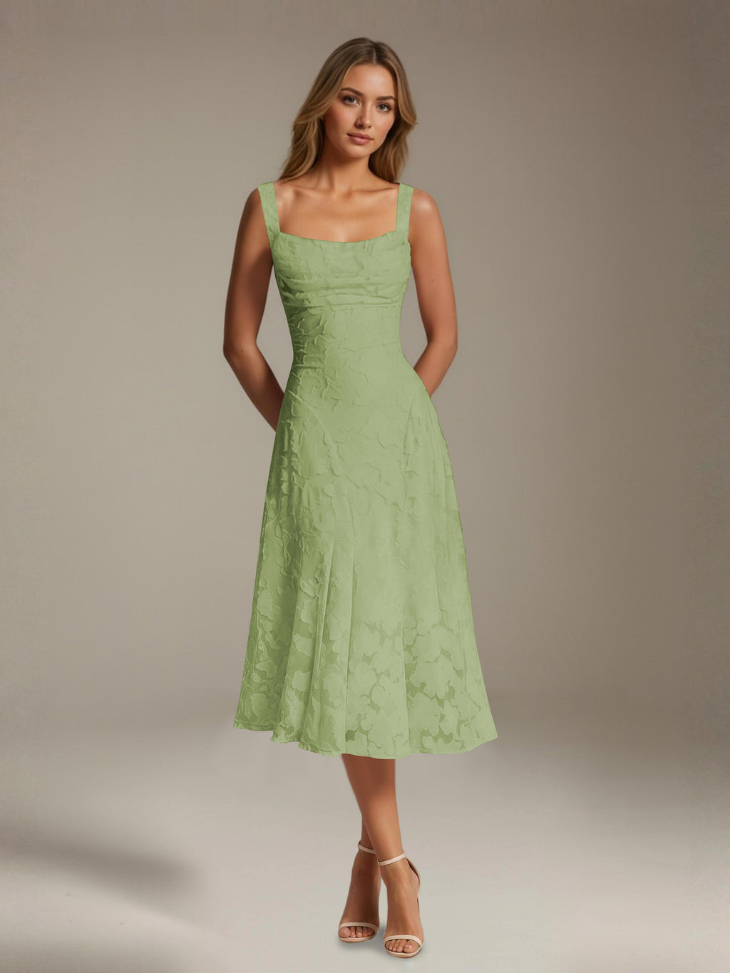 Women's floral lace square neck tea-length formal dress