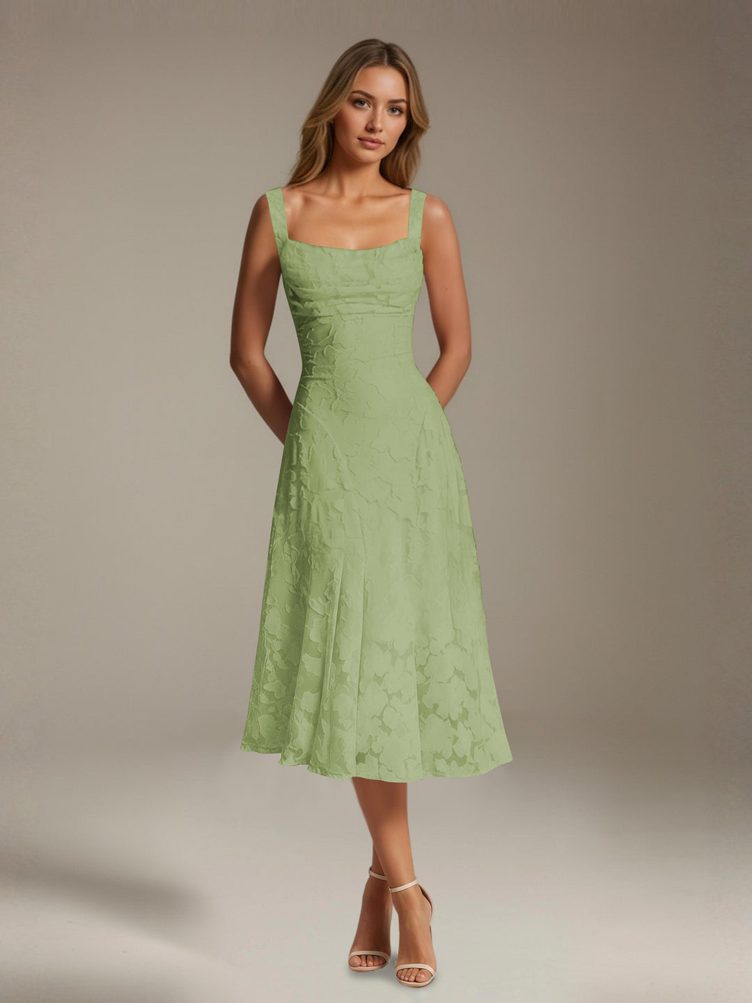 Women's floral lace square neck tea-length formal dress