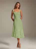 Women's floral lace square neck tea-length formal dress