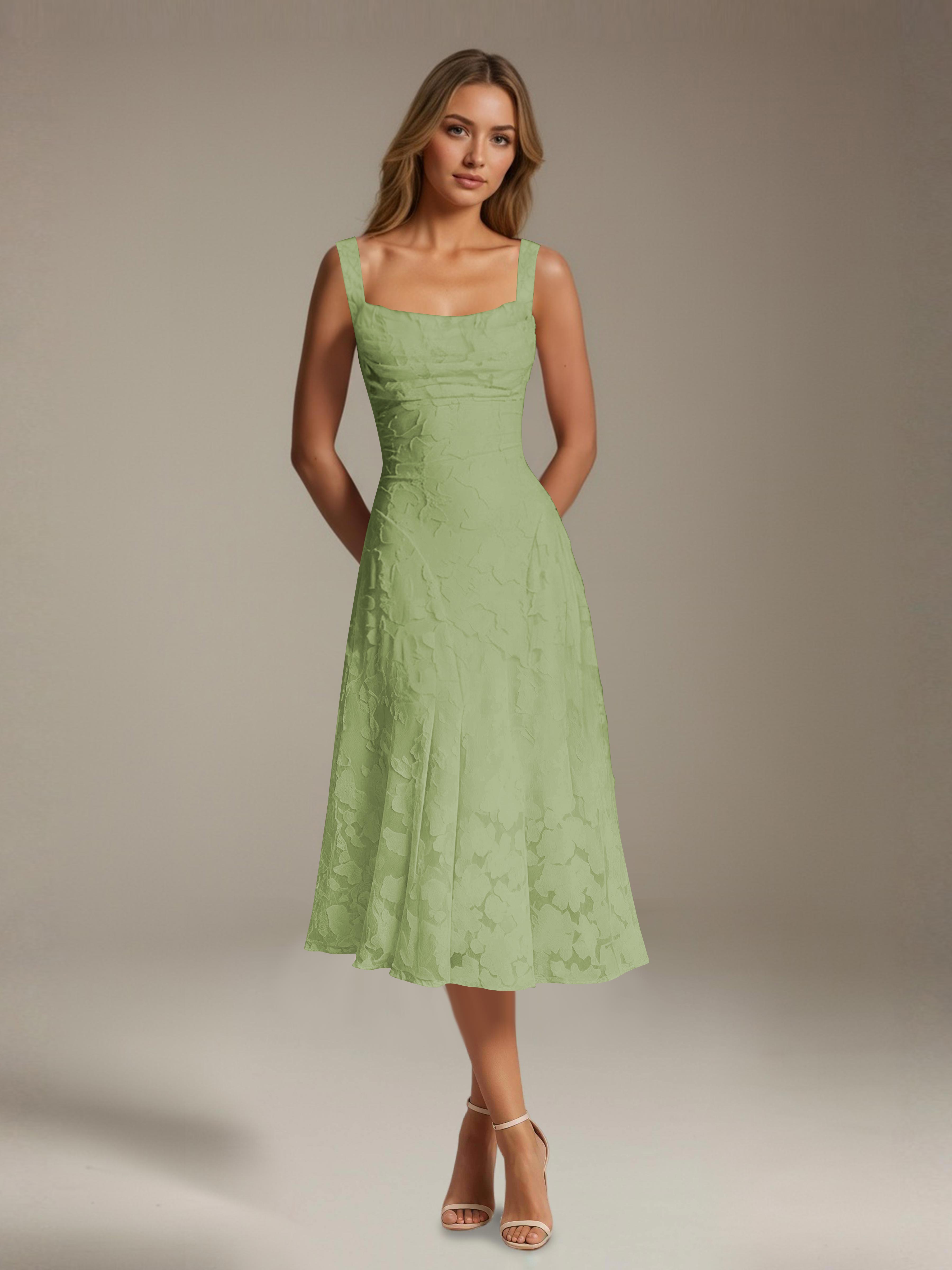 Women's floral lace square neck tea-length formal dress