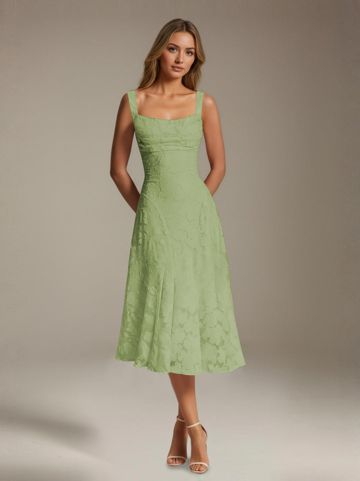 Women's floral lace square neck tea-length formal dress